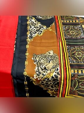 Leopard Print Silk-Feel Scarf in Black, Brown & Gold